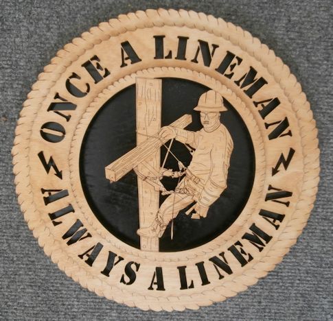 Lineman Wood Wall Art Plaque Hanging Woodcraft 12 inches in diameter...beautifully detailed!